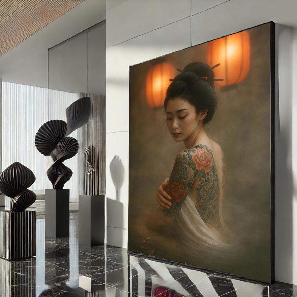 Tattooed Woman Paper Lanterns Night Bath Floral Body Art Poster