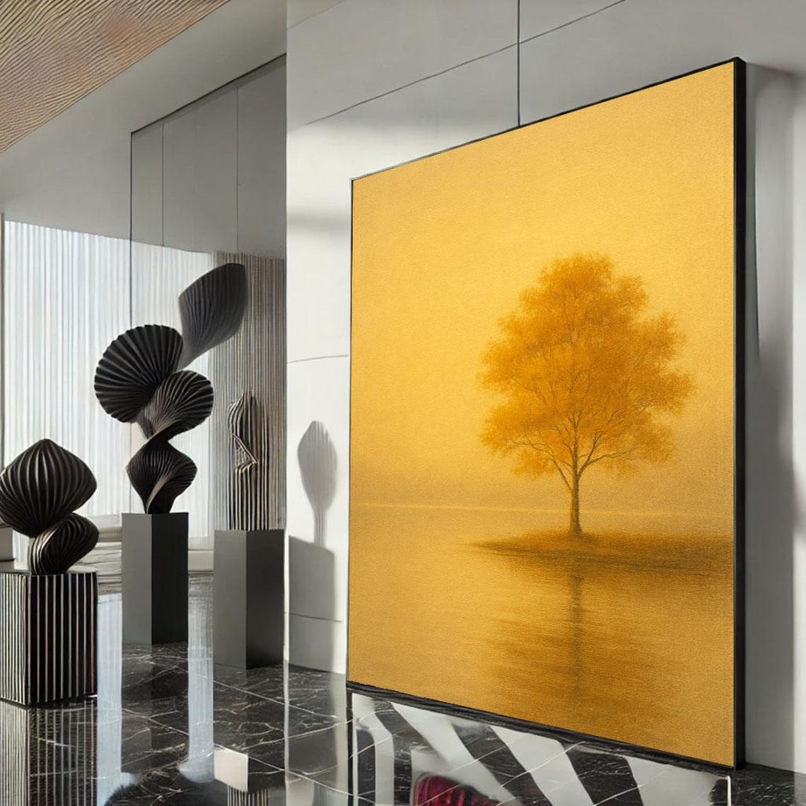 Golden Lone Tree On Island Monochrome Landscape Serene Art Poster