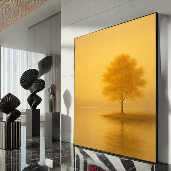 Golden Tree In Misty Landscape Canvas Wall Art Print Minimalist Living Room Decor Statement Piece