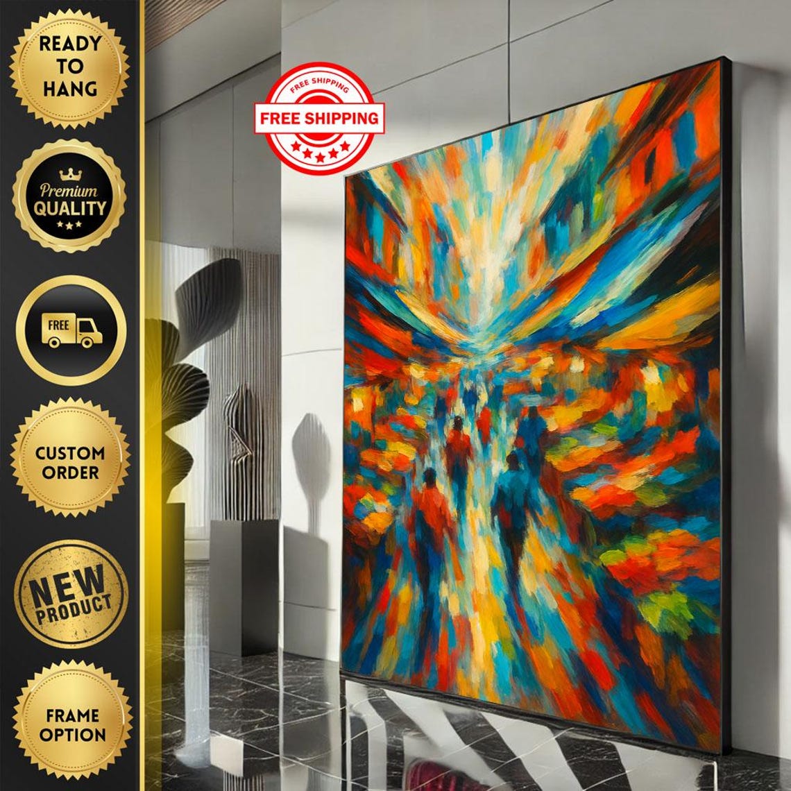Vibrant Abstract City Crowd Colorful Expressionist Oil Art Poster
