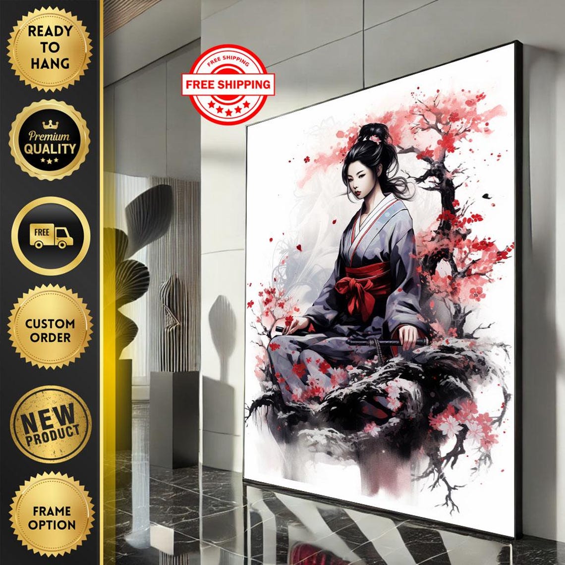 Japanese Geisha in Serene Garden Under Cherry Blossom Tree Poster