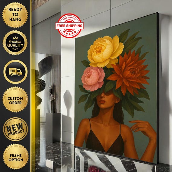 Bold Floral Woman Portrait Canvas Wall Art Print Modern Living Room Decor Ready To Hang