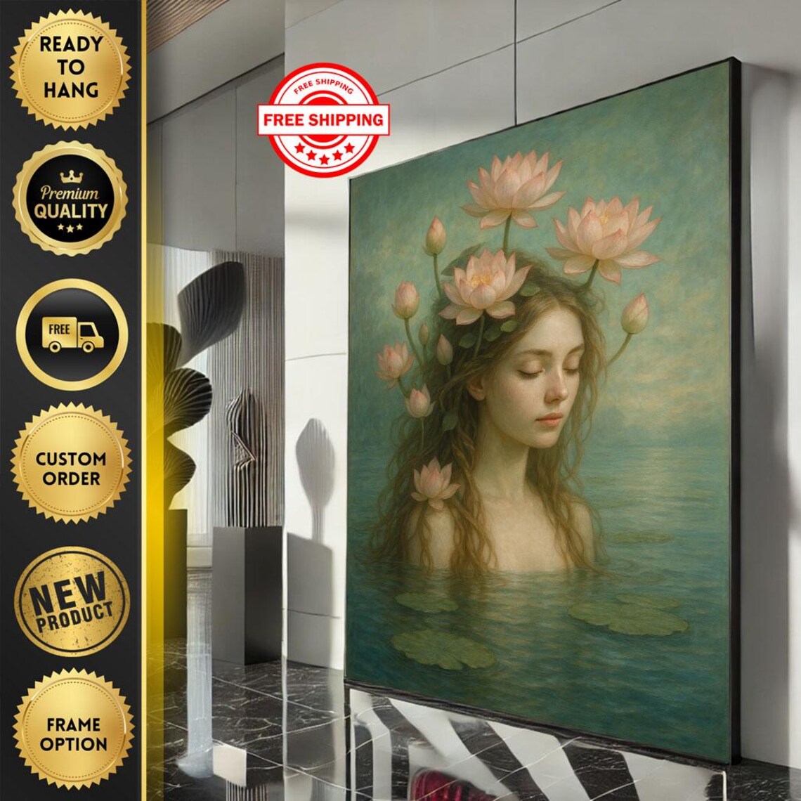 Serene Woman Among Lotus Flowers In Calm Water Painting Poster