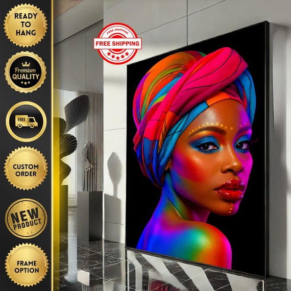 Bold African Woman Portrait Canvas Wall Art Print Vibrant Living Room Decor Statement Piece