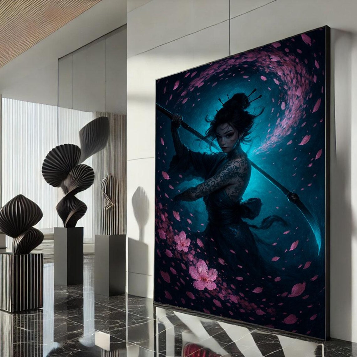Samurai Woman Naginata Spear Swirling Cherry Blossom Night Poster