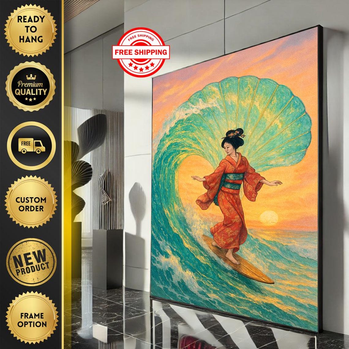 Geisha Surfing Giant Scallop Wave at Sunset Japanese Art Print
