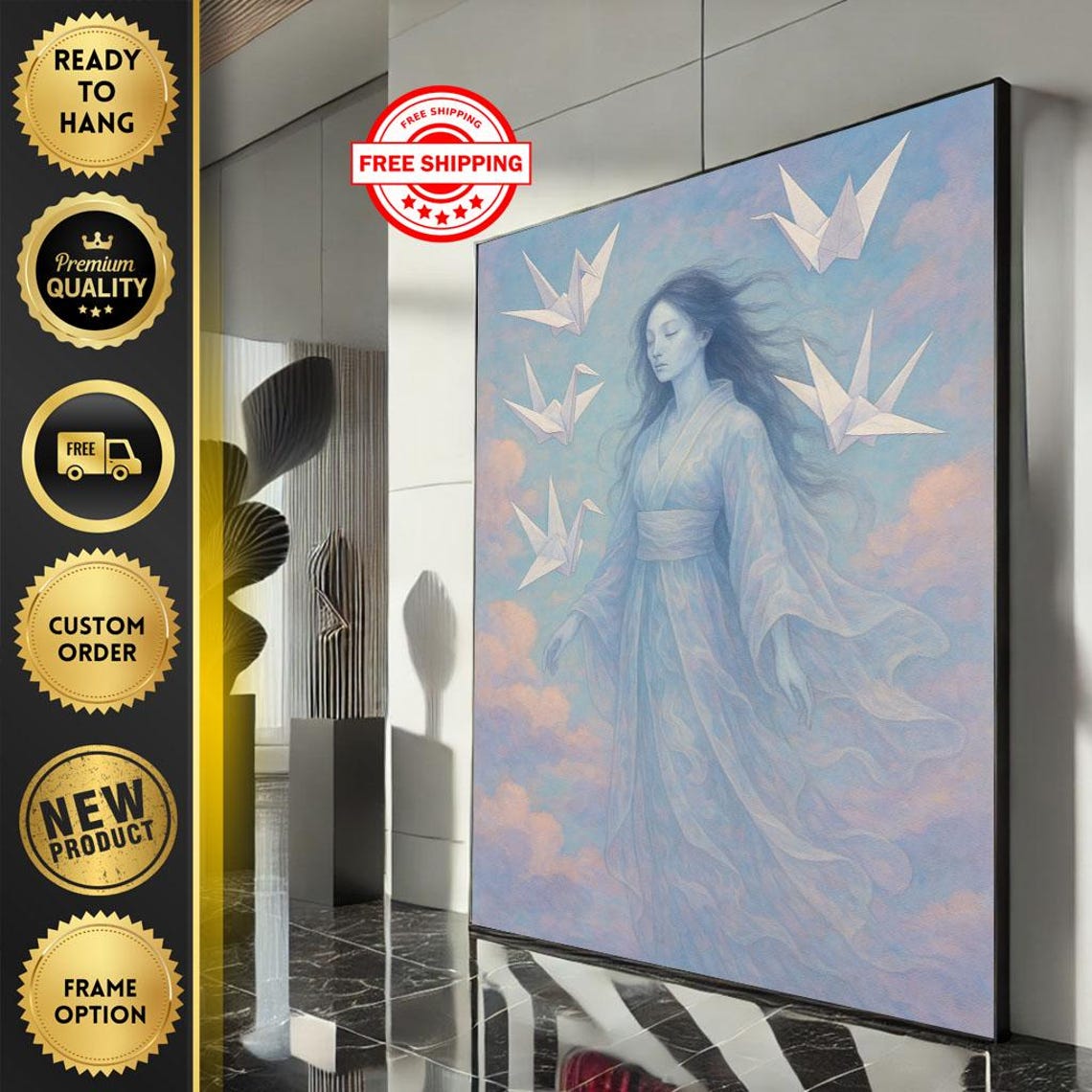 Ethereal Woman With Origami Paper Cranes In Pastel Sky Poster