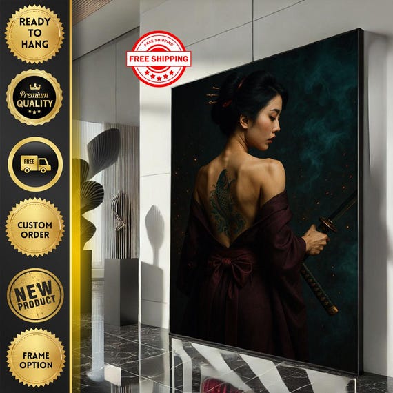 Elegant Asian Woman With Sword Canvas Wall Art Print Modern Living Room Decor Statement Piece