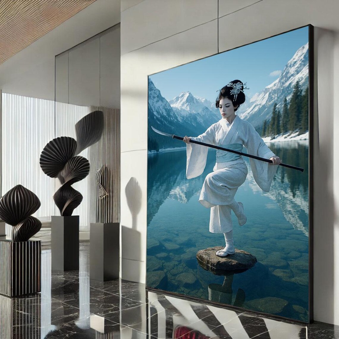 Samurai Woman White Kimono Naginata Snowy Mountain Lake Poster