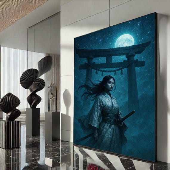 Mystical Samurai Woman In Moonlight Canvas Wall Art Print Blue Japaneseinspired Living Room Decor Statement Piece