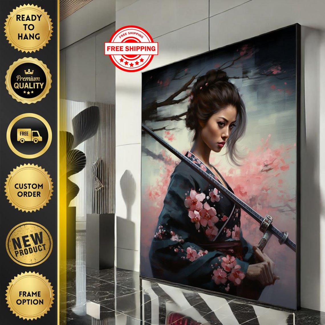 Woman In Teal Floral Kimono With Katana Cherry Blossom Art Poster