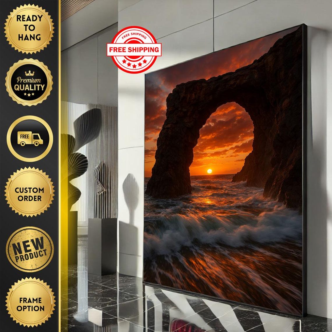 Serene Ocean Sunset Rock Arch Dramatic Coastal Seascape Poster