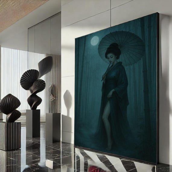 Elegant Geisha Canvas Wall Art Print Moody Blue Japanese Style Living Room Decor Statement Piece