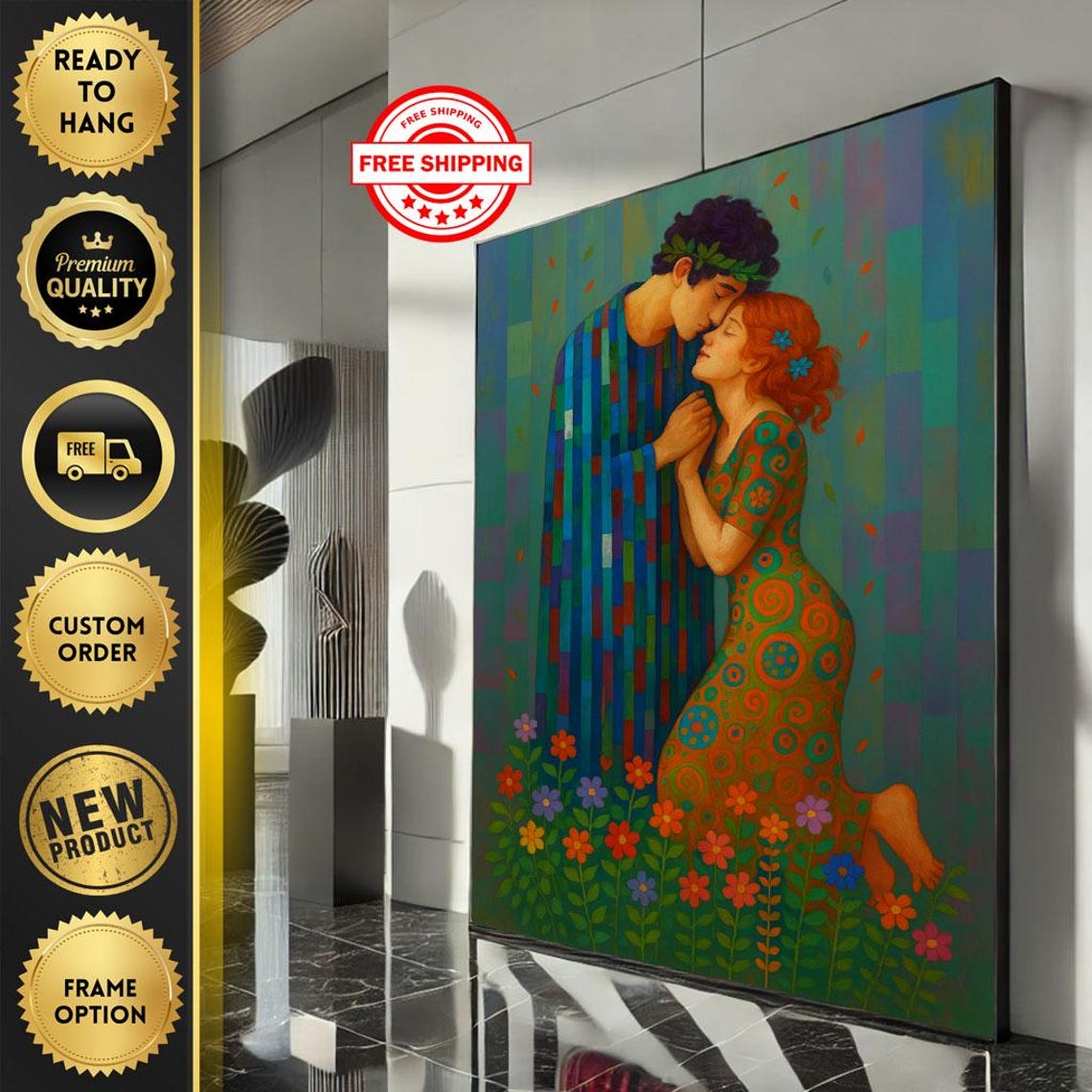 Colorful Romantic Couple Embrace Flowers Klimt Style Art Poster
