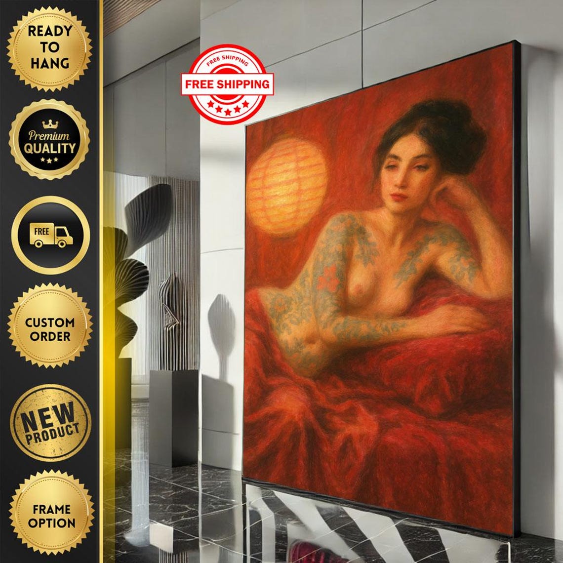 Elegant Tattooed Woman Canvas Wall Art Print Warm Red Bedroom Decor Ready To Hang