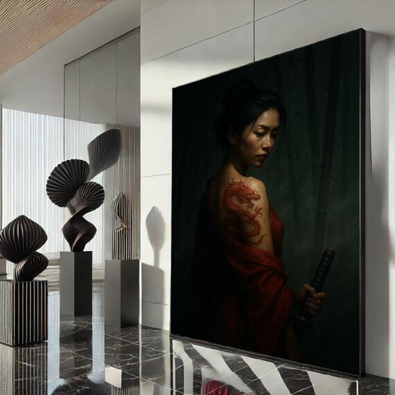 Bold Samurai Woman With Dragon Tattoo Canvas Wall Art Print Dark Tones Living Room Decor Statement Piece