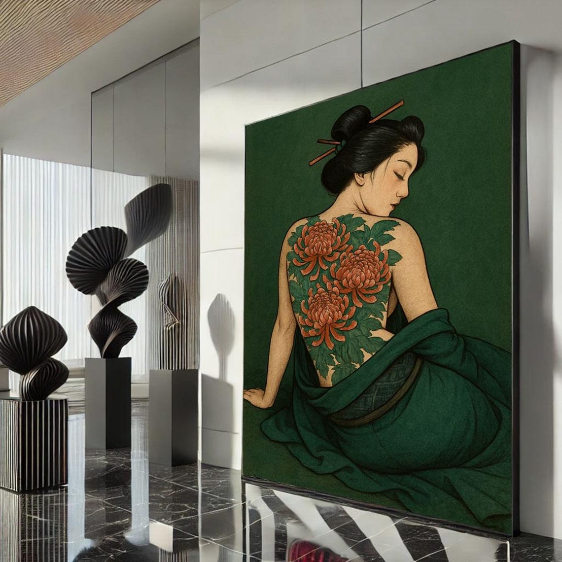 Bold Chrysanthemum Back Tattoo Geisha Green Illustration Wall Art