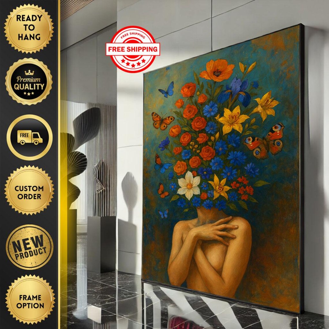 Vibrant Floral Woman Portrait Flowers Butterflies Boho Art Poster