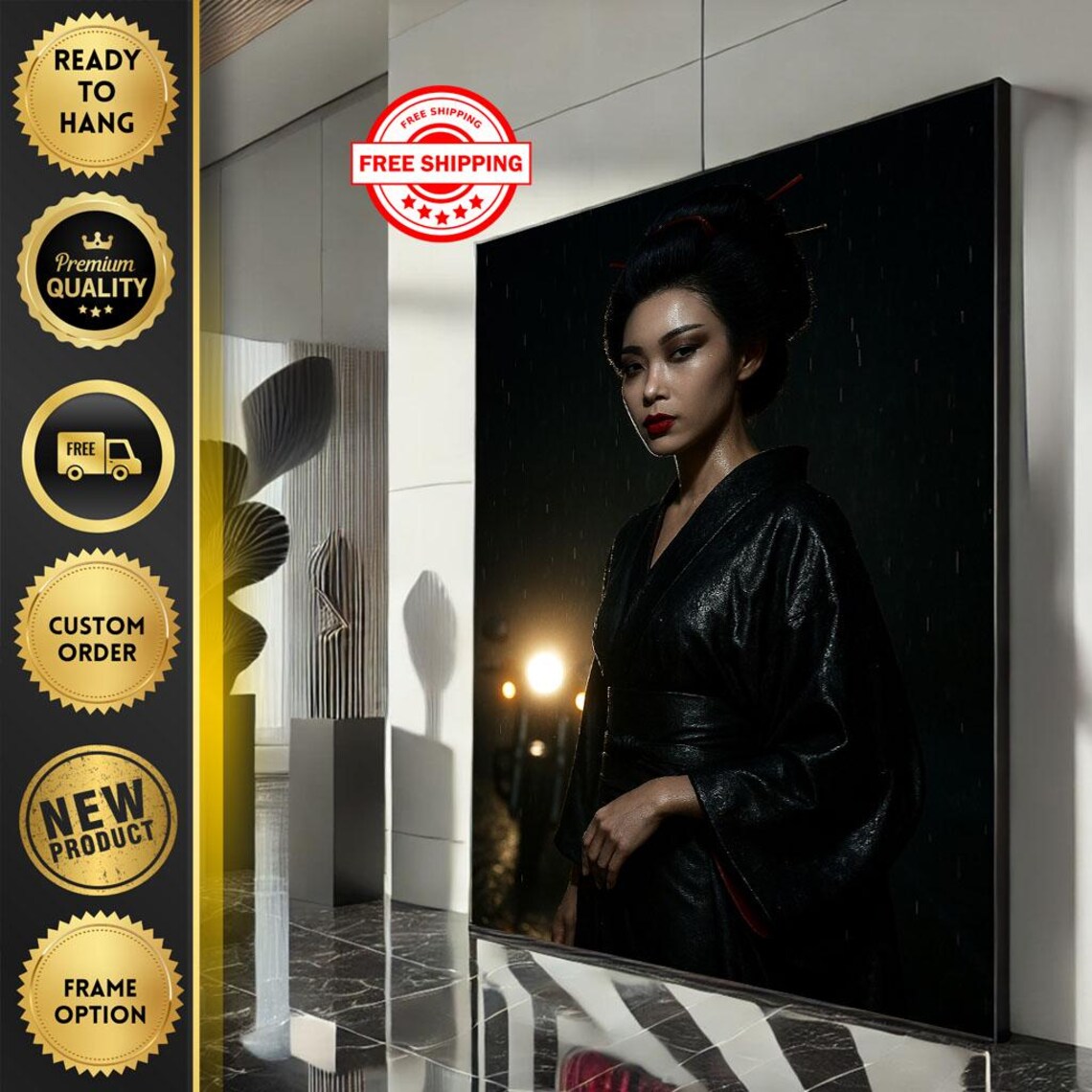 Noir Woman Black Kimono Night Rain Cinematic Portrait Art Poster