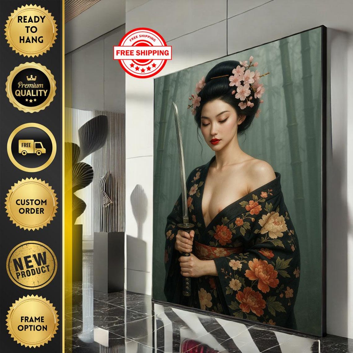 Geisha In Floral Kimono Holding Katana In Bamboo Forest Poster