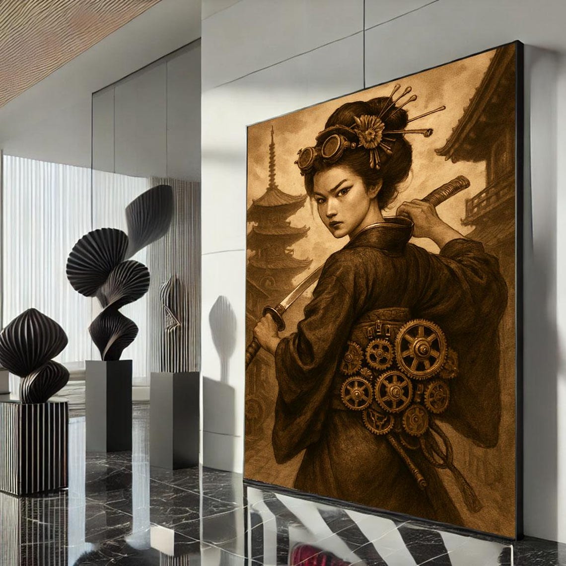 Steampunk Geisha Goggles Gear Obi Katana Pagoda Sepia Poster