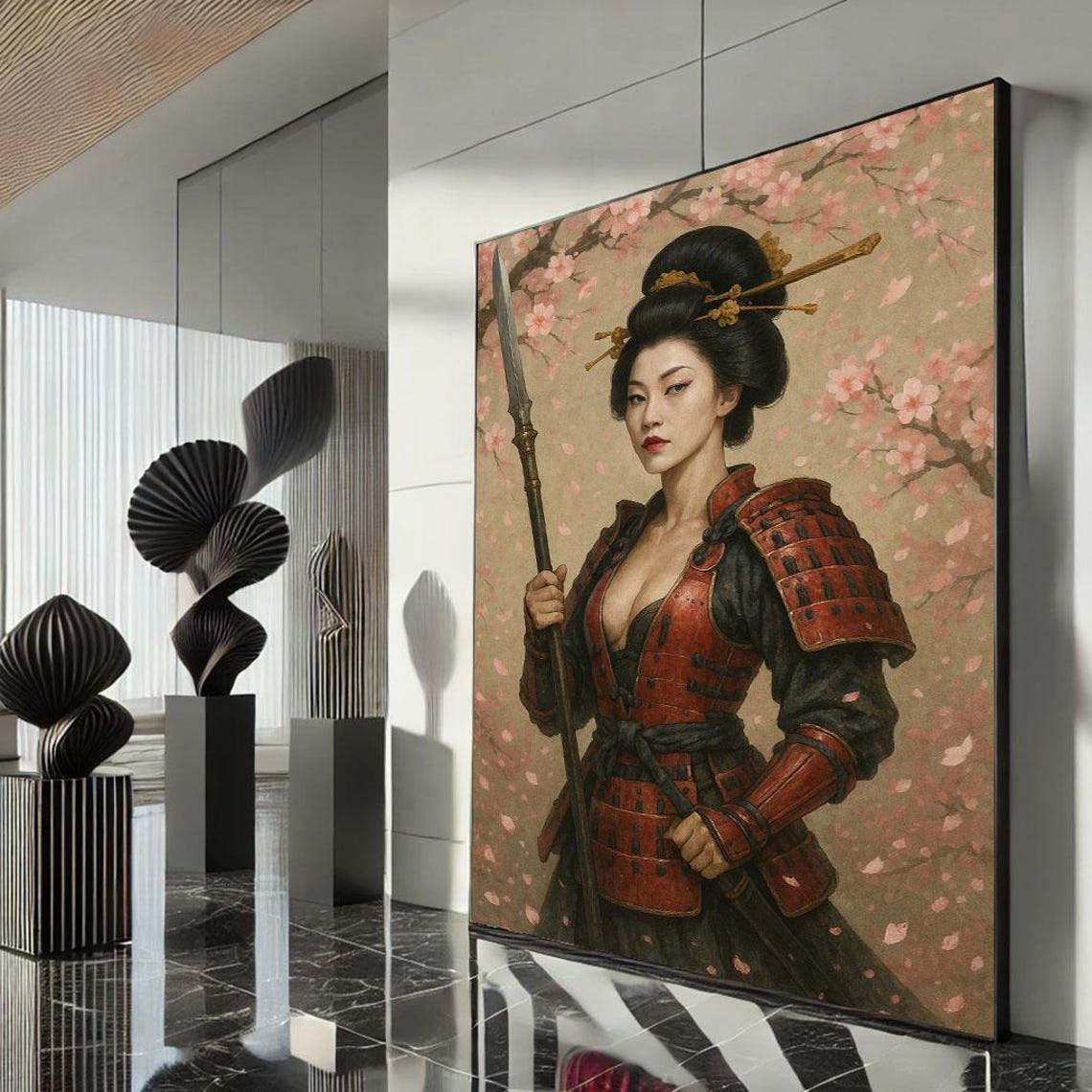 Samurai Woman Red Armor Spear Cherry Blossom Warrior Portrait Poster