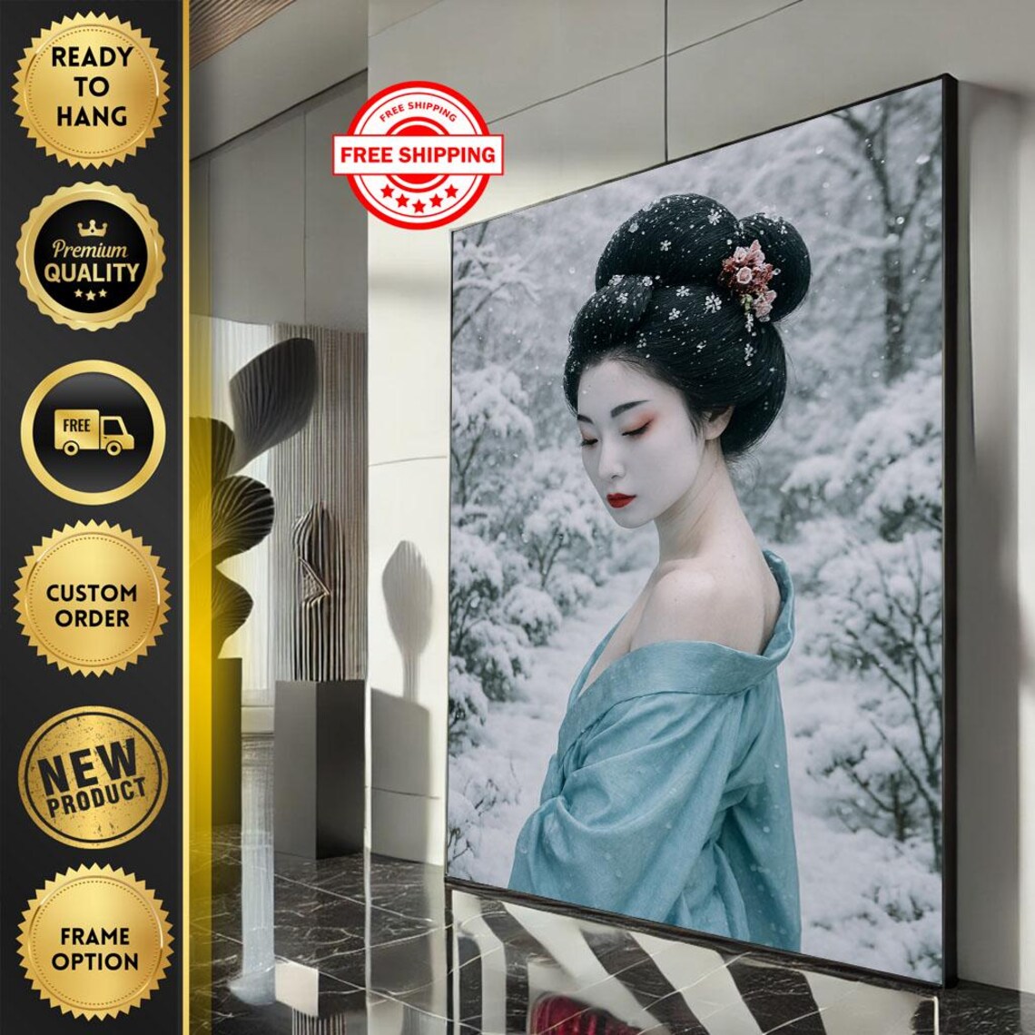 Winter Snow Geisha Japanese Woman Blue Kimono Portrait Art Poster