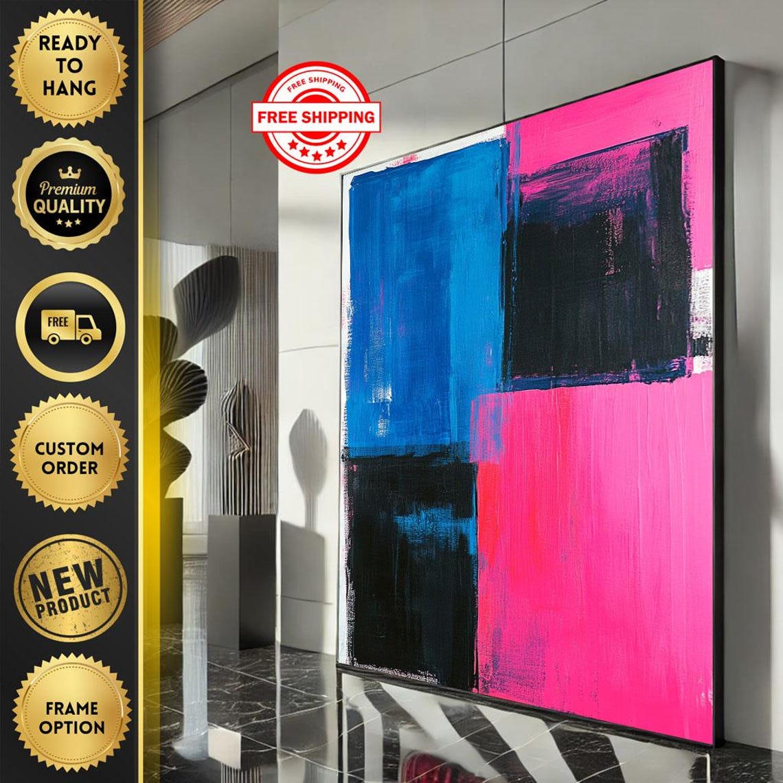 Bold Pink and Blue Color Block Abstract Painting Pop Art Poster