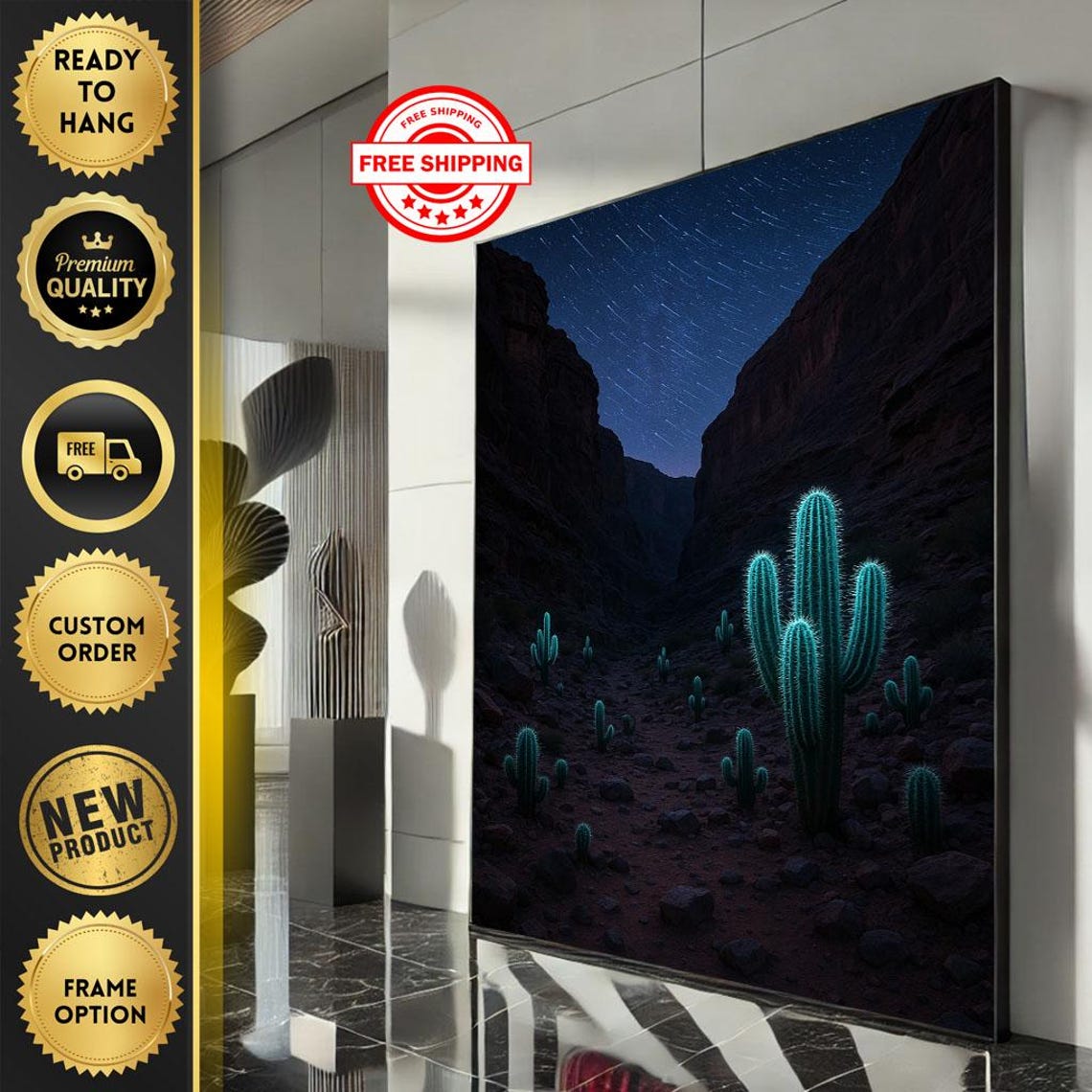 Desert Canyon Night Scene With Cactus Under A Starry Sky Poster