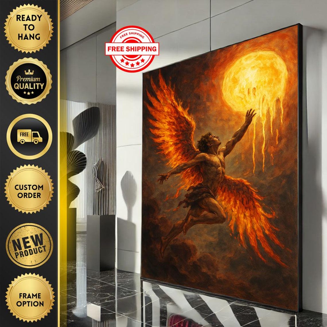 Icarus Rising Fiery Angel Wings Melting Sun Mythology Art Poster