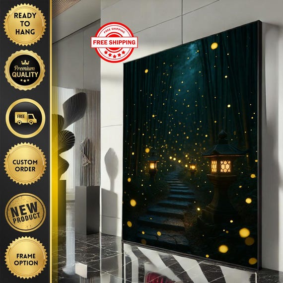 Mystical Forest Path Canvas Wall Art Print Dark Blue And Gold Living Room Decor Ready To Hang Statement Piece