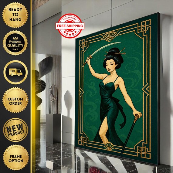 Art Deco Emerald Samurai Woman With Sword Gold Border Poster