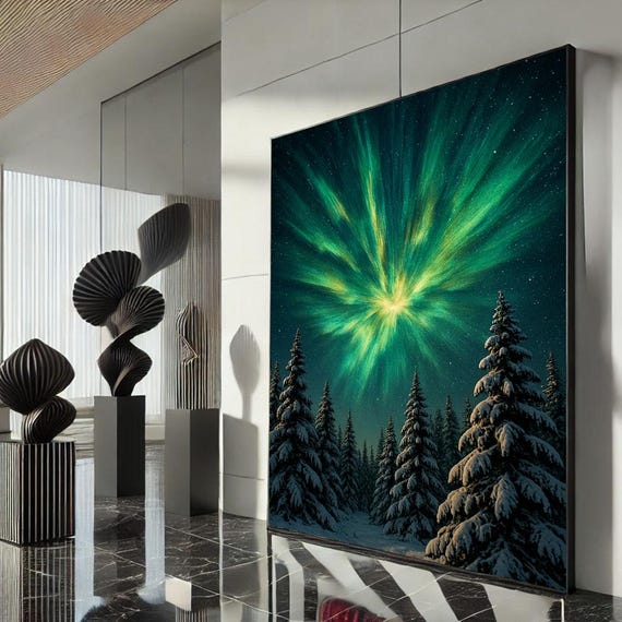 Northern Lights Winter Forest Canvas Wall Art Print Modern Living Room Decor Statement Piece