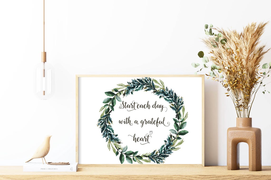 Start Each Day With A Grateful Heart Green Wreath Watercolor Poster - Image 5