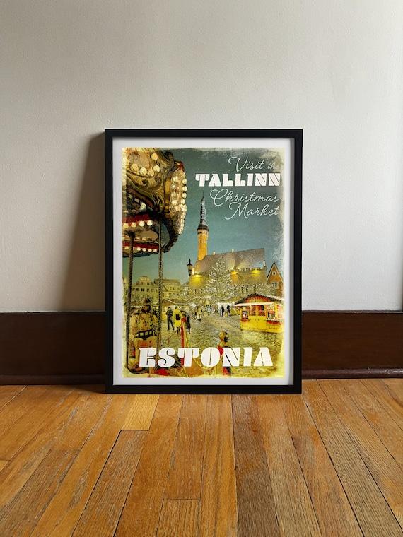 Tallinn Estonia Christmas Market Carousel Night Vintage Travel Poster