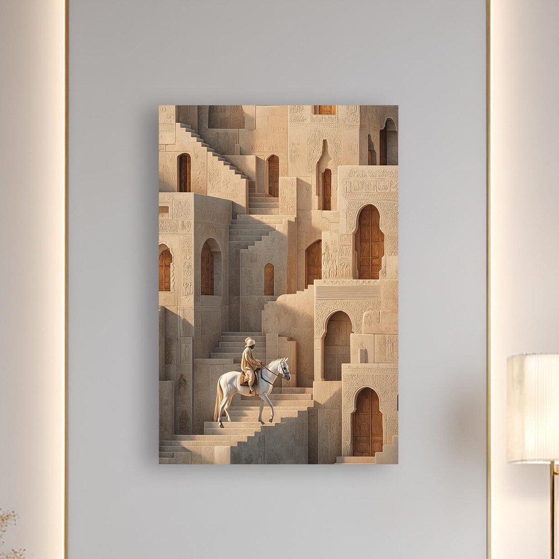 Labyrinth Of Stone Stairways White Horse Rider Architectural Poster