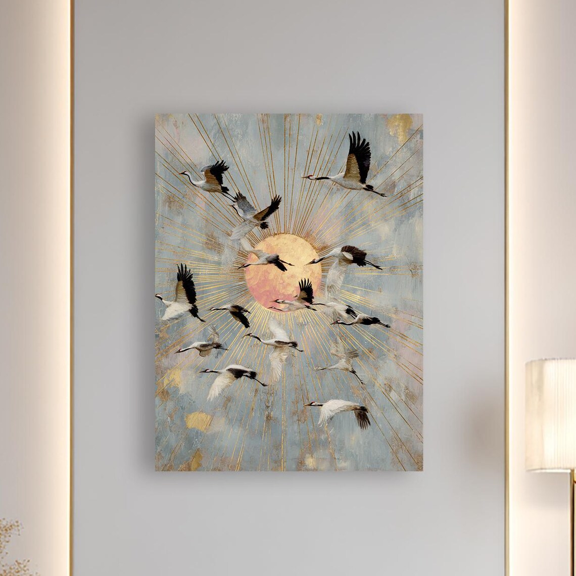 Golden Flight Of Cranes Sunrise Nature-Inspired Art Print