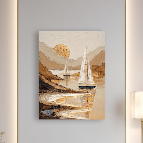 Golden Sailboats on Calm Water Neutral Beige Nautical Poster