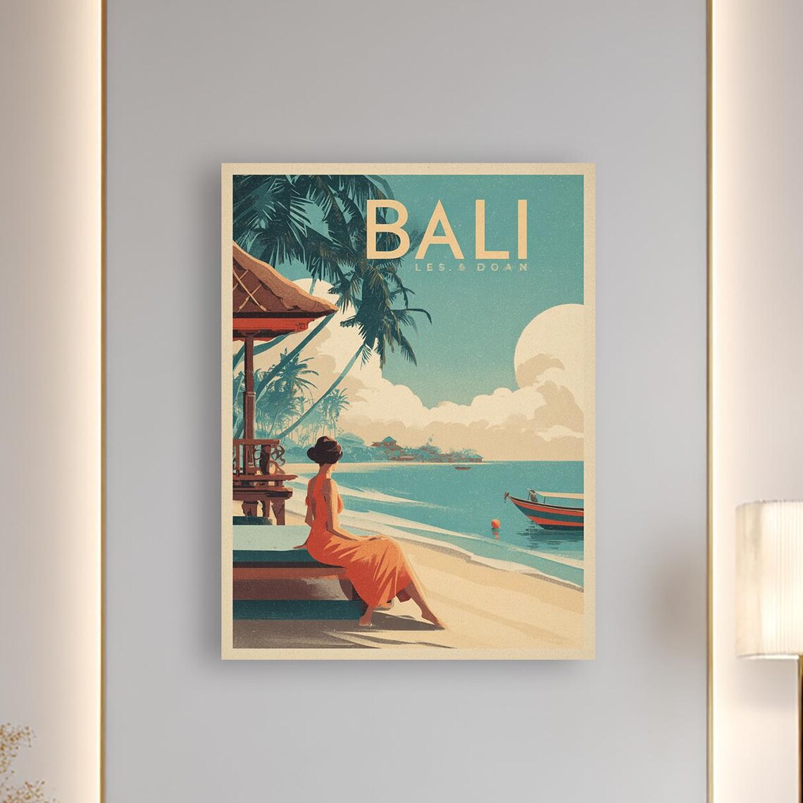 Bali Tropical Beach Vintage Retro Travel Poster Woman By The Sea