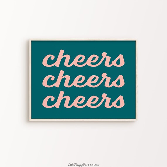 Cheers Pink Script on Teal Bar Cart Party Fun Typography Poster