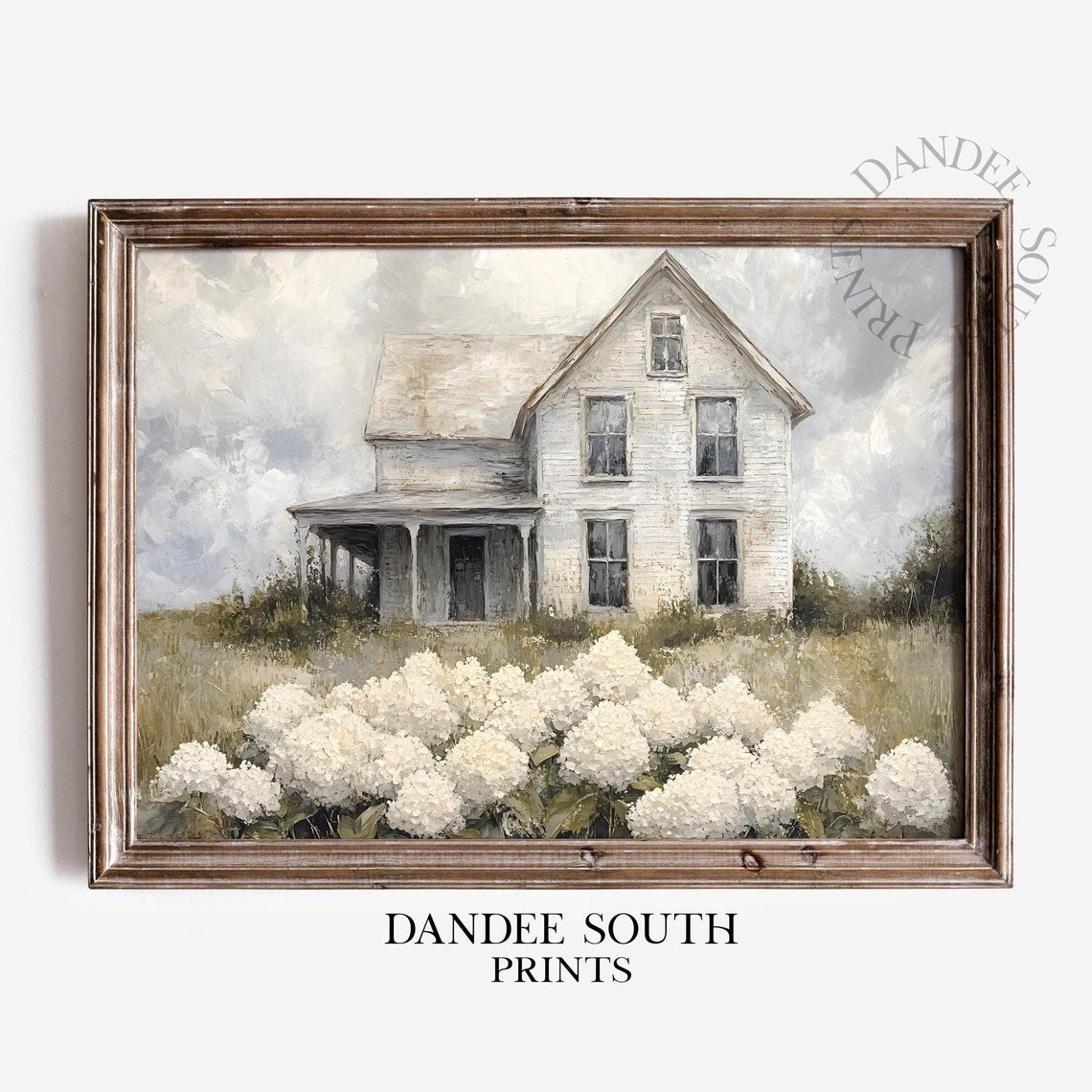 White Farmhouse with Hydrangea Bushes Vintage Country Painting Poster
