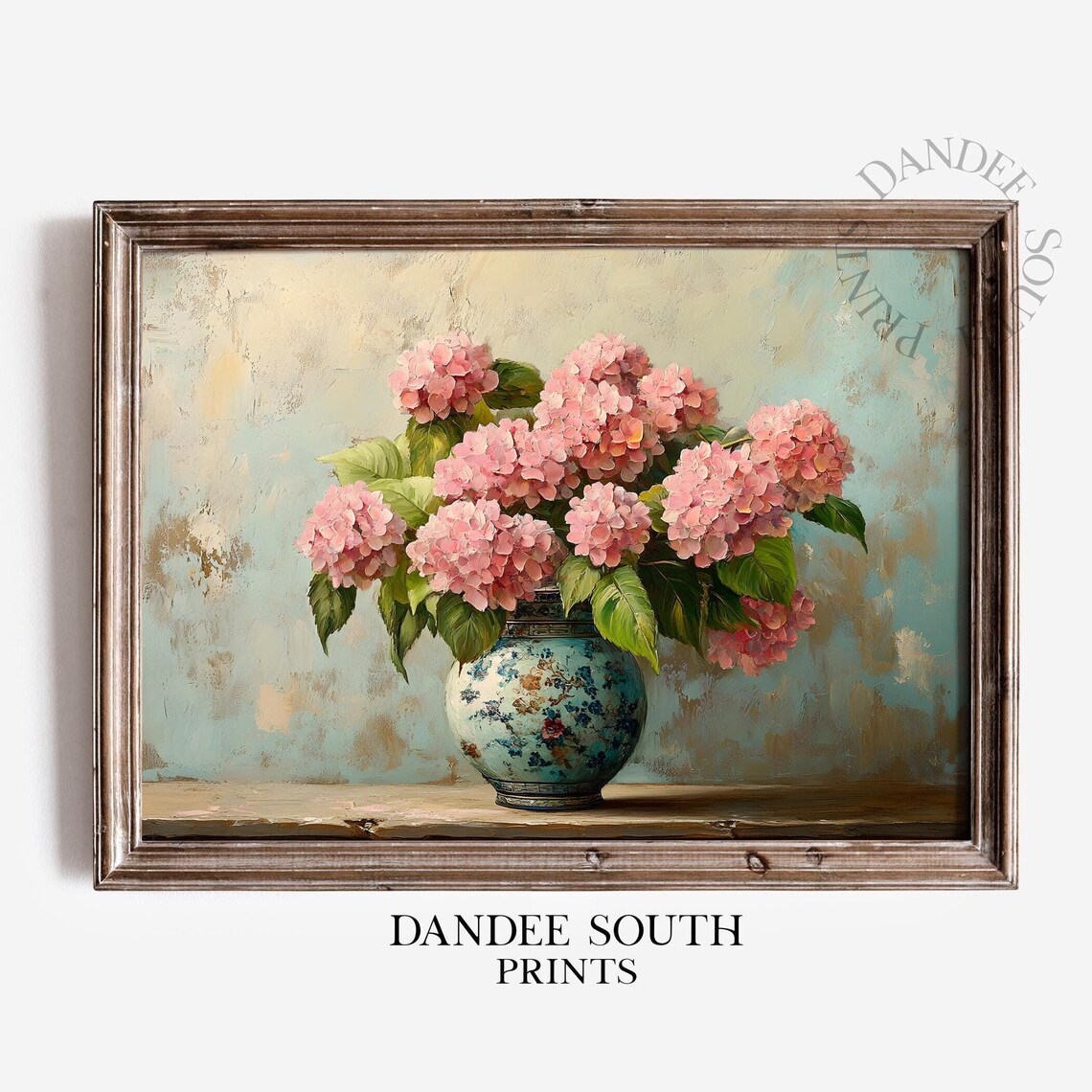 Pink Hydrangeas in Floral Vase Shabby Chic Oil Painting Wall Art