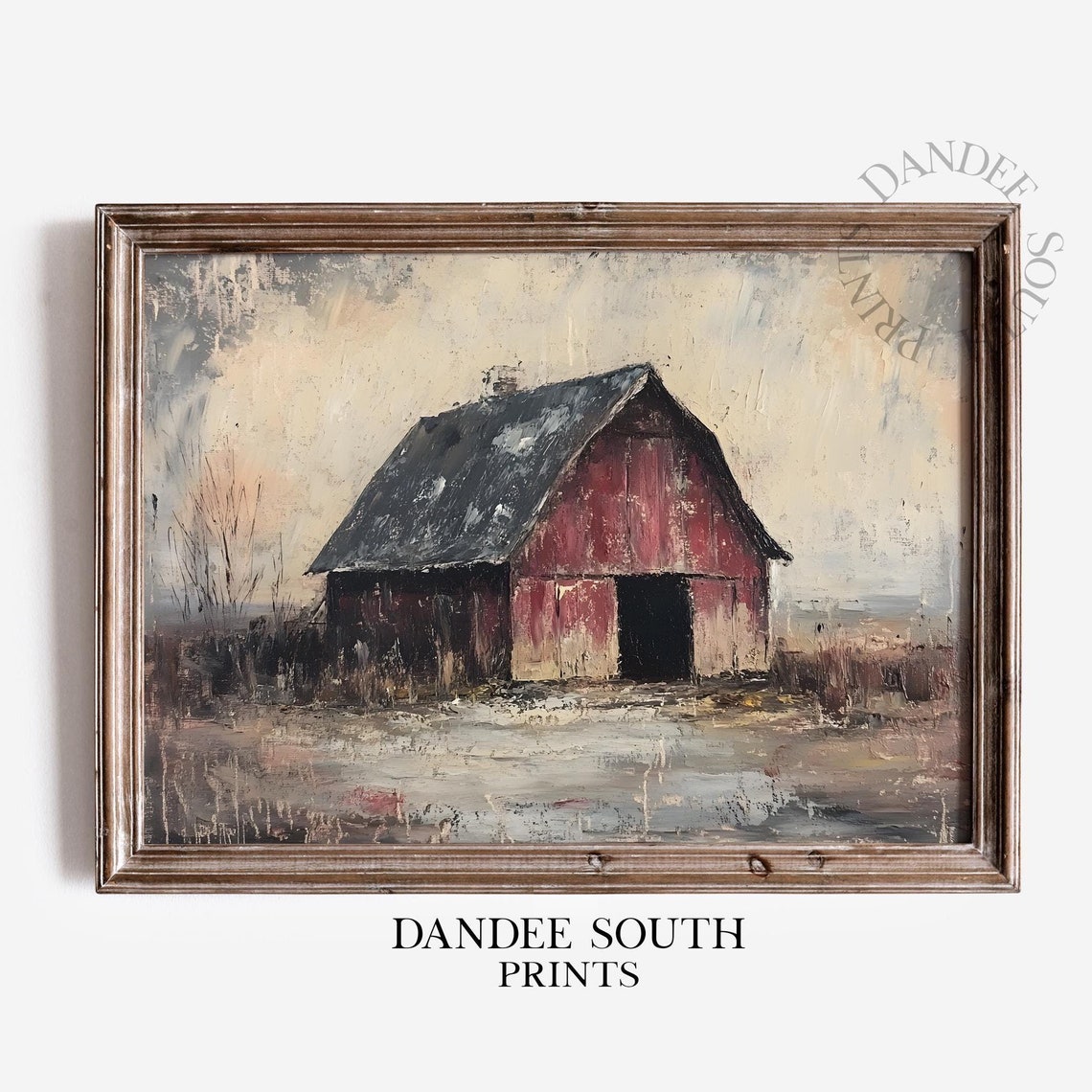 Weathered Red Barn Vintage Oil Painting Farmhouse Rustic Wall Art