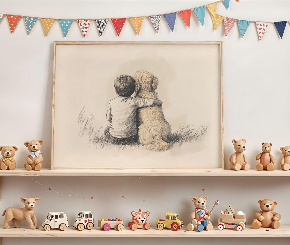 Boy With Goldendoodle Vintage Nursery Poster