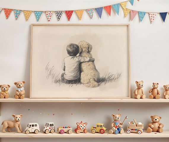 Boy With Goldendoodle Vintage Nursery Poster