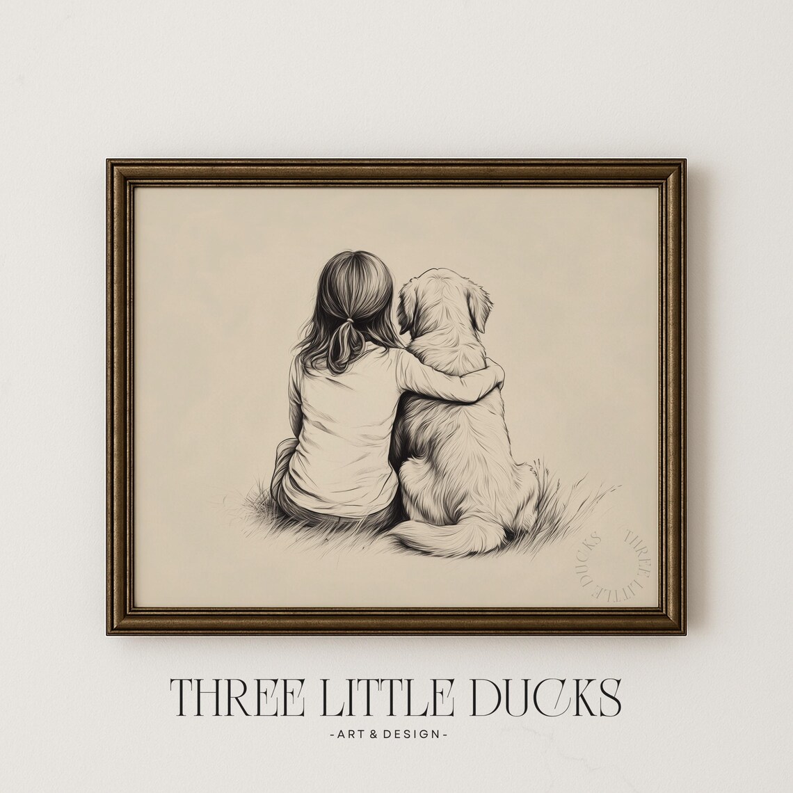 Girl And Golden Retriever Sitting Together Vintage Sketch Nursery Poster