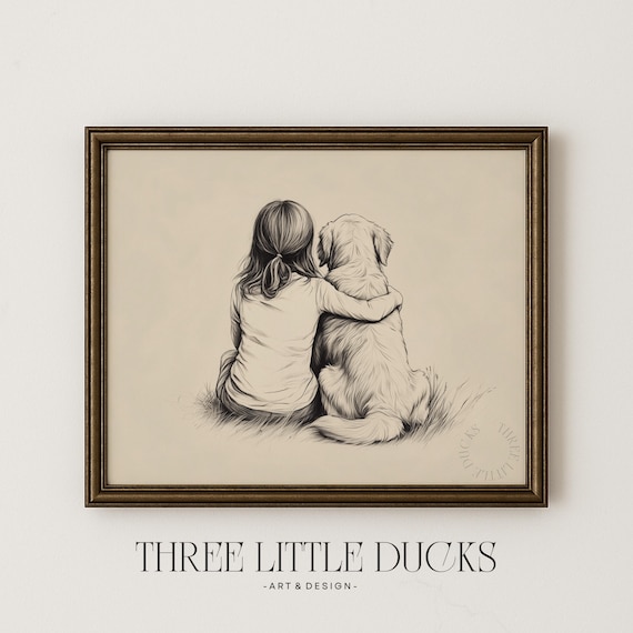 Little Girl And Golden Retriever Art Sketch Print Vintage Puppy Drawing Girls Nursery Decor Kids Room Dog 445