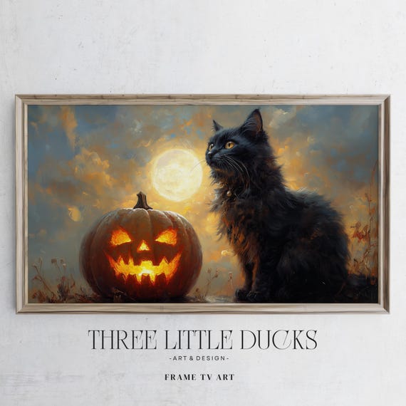 Black Cat And Pumpkin Under Full Moon Halloween Frame Tv Art Spooky Samsung 563