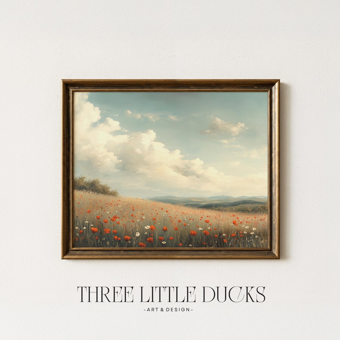Rustic Poppy Meadow Landscape Cloudy Sky Vintage Oil Painting Poster