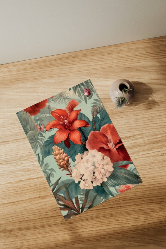 Living Room Decor Vintage Style Tropical Floral Poster Red Flowers Illustration Wall Art Elegant Botanical Prints